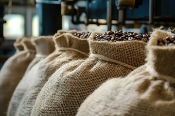 A row of burlap sacks, filled with roasted coffee beans, sit in a warehouse. 