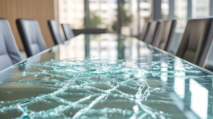 Office vandalism aftermath: A cracked glass table reflecting the destruction of the room.