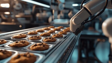Robotic arm over a tray of cookies on a production line
