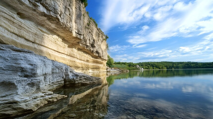 Serene Lakeside Cliffside Tranquil Nature Scene with Stunning Rock Formation and Calm Water