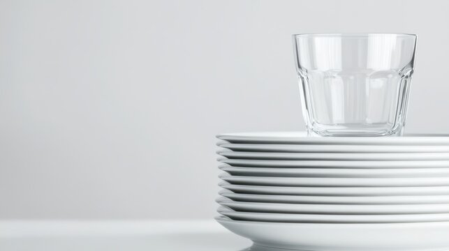 A close-up of a stack of clean dishes with a glass on top on a white isolated background