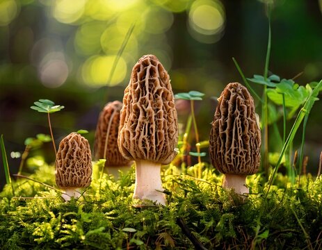 Zarte Morcheln im Fr&uuml;hlingswald &ndash; Feinschmecker-Pilze in nat&uuml;rlicher Waldumgebung f&uuml;r Gourmet- und Naturfotografie