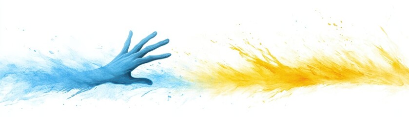 Hand reaching out from a dramatic yellow and blue explosion of color