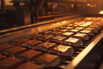 A conveyor belt full of chocolate bars moves through a factory.
