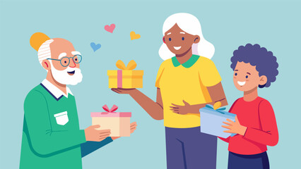 A volunteer handing out personalized birthday cards to senior citizens each with a heartfelt message and a small gift.. Vector illustration