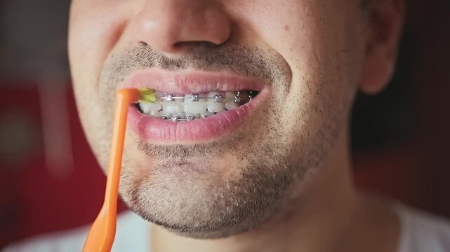 Close-up of male mouth with braces on teeth. Procedure of cleaning braces