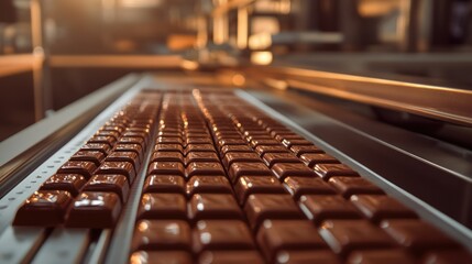 A conveyor belt full of chocolate bars moves through a factory.