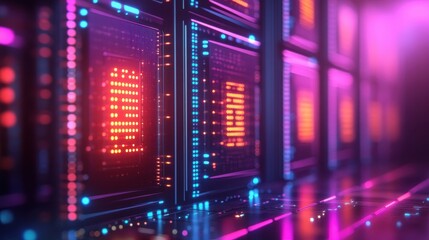 Obraz premium Dynamic data processing event server room digital art neon environment close-up view technology concept