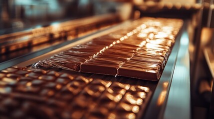 A conveyor belt full of chocolate bars moves through a factory.