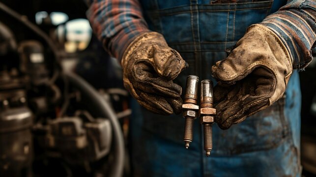Mechanic with broken spark plugs fixing car engine
