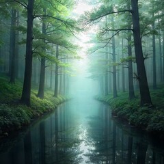 Obraz premium Mystic Forest Dawn: A Journey Through the Misty Waters