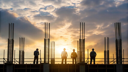 Construction Team at Sunset: Silhouette of construction workers at a building site against a vibrant sunset, symbolizing progress and teamwork.