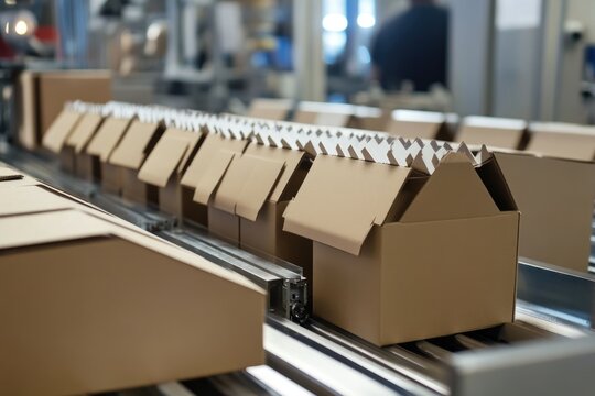 A line of small, open, cardboard boxes move along a silver conveyor belt in a factory. The boxes are uniformly spaced and positioned with their openings facing the same direction.