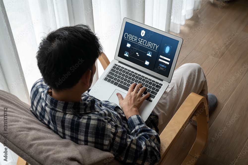 Poster cyber security system on computer screen protect private information snugly from hacker and cyber at