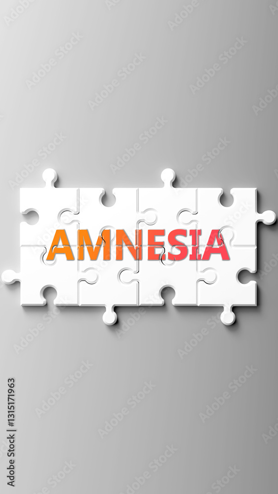 Aufkleber Amnesia complex like a puzzle - pictured as word amnesia on a puzzle pieces to show that amnesia is complex and needs cooperating pieces that fit together. ,3d illustration