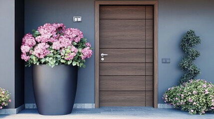 Fototapeta premium Modern home entrance with hydrangea flowers, door, and landscaping