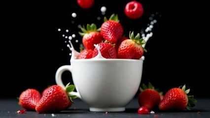 Strawberries falling into a glass (porcelain) cup of milk drink, splash of milk drops. Black background. Healthy food concept for breakfast and snack