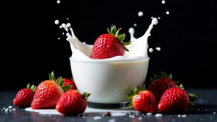 Strawberries falling into a glass (porcelain) cup of milk drink, splash of milk drops. Black background. Healthy food concept for breakfast and snack
