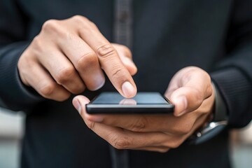 Connecting with Technology: A close-up of a person's hands interacting with a sleek smartphone, capturing the seamless blend of human and machine.