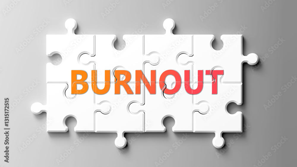Aufkleber burnout complex like a puzzle - pictured as word burnout on a puzzle pieces to show that burnout is 