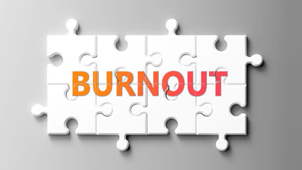 Burnout complex like a puzzle - pictured as word burnout on a puzzle pieces to show that burnout is complex and needs cooperating pieces that fit together. ,3d illustration