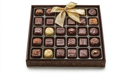 Obraz premium A close-up of a box of chocolates with a ribbon on a white isolated background
