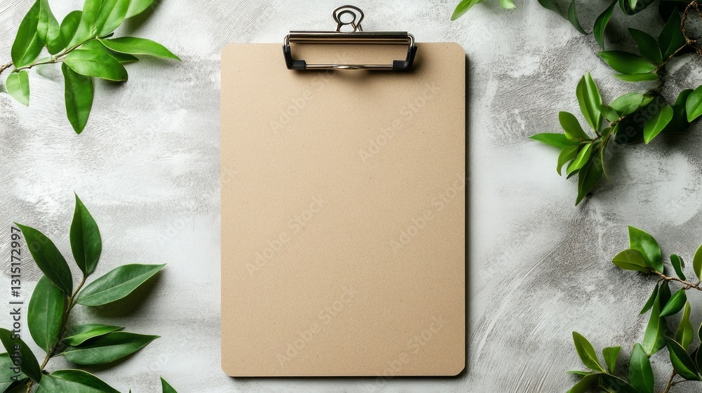 Poster a wooden clipboard rests elegantly against a gray textured backdrop, surrounded by lush green leaves