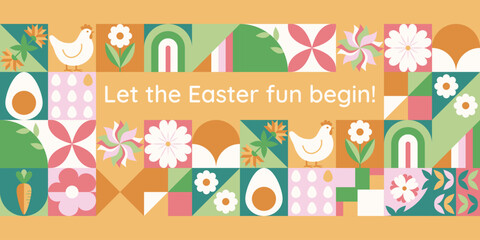 Wielkanocny baner z mozaiką z świątecznymi symbolami. Wiosenny geometryczny wzór z królikiem, jajkami i kwiatami. © Monika