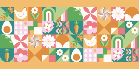 Wielkanocny baner z mozaiką z świątecznymi symbolami. Wiosenny geometryczny wzór z królikiem, jajkami i kwiatami. © Monika