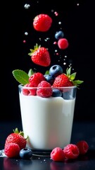 Strawberries, blueberries, raspberries falling into a glass (porcelain) cup of milk drink, a splash of milk drops. Black background. Healthy food concept for breakfast and snack
