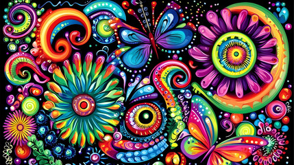 Vibrant floral and butterfly design; psychedelic swirls; dark background; website or print design