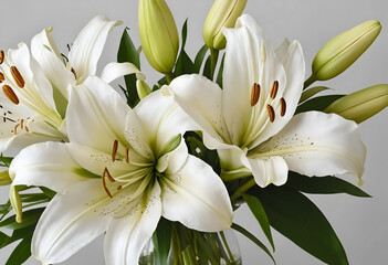 Fototapeta premium Beautiful white lilies on light background, closeup