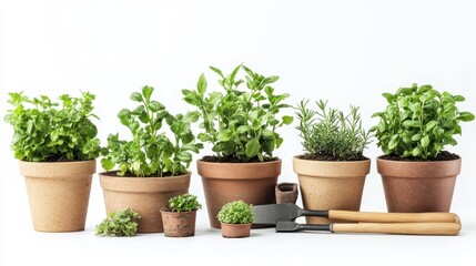 Fototapeta premium A set of gardening pots with plants and tools on a white isolated background