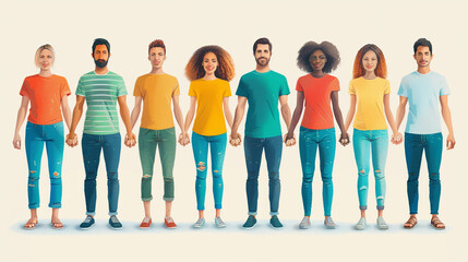 Fototapeta premium Diverse group of people standing holding hands, united in a row.