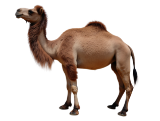 A dromedary camel stands in profile against a plain white background. The camel has a single hump and a light brown coat