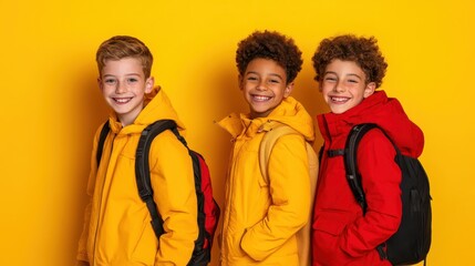 Three young adventurers in bright yellow and red jackets explore the great outdoors