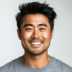 Obraz premium Confident Smiling Young Man in Casual Attire - Professional Headshot with Positive Energy in Studio Lighting