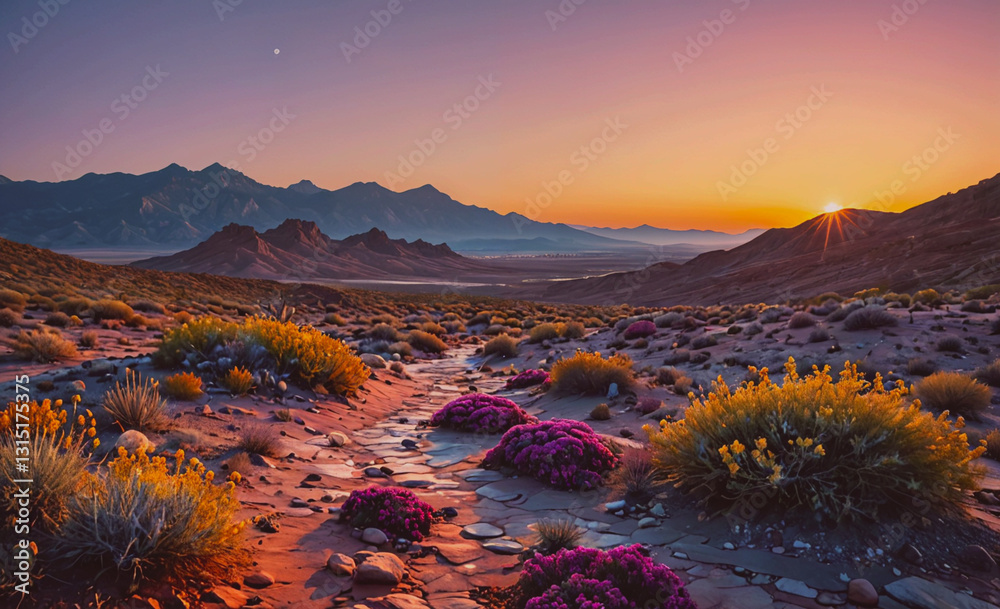 Poster desert landscape with a river running through it. the sun is setting in the background, casting a wa