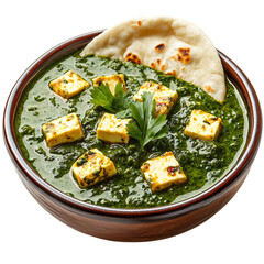 A Bowl of Indian Saag Paneer Spinach and Cheese Curry Isolated on Transparent Background