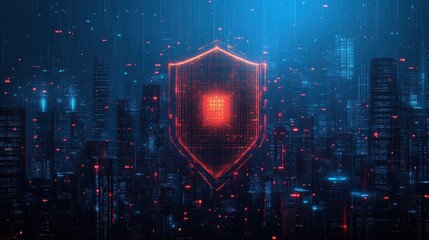 Cybersecurity action shielding data in futuristic cityscape digital art nighttime high-tech environment