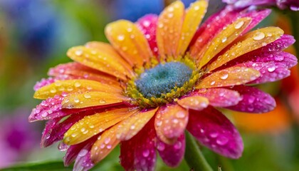A close-up of a bright, colorful flower with droplets of water.