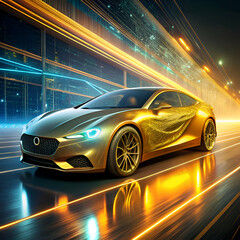 Fototapeta premium Golden Concept Car. Futuristic Design in a Night City