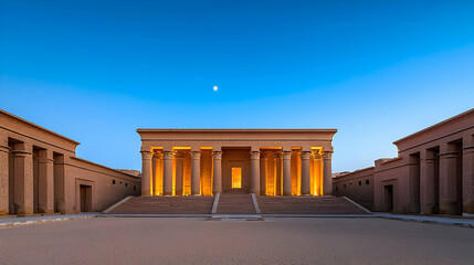 Obraz premium Illuminated Kalabsha Temple At Twilight With The Moon In The Sky Showcasing Ancient Nubian Architecture In Egypt