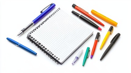 A collection of different colored pens and a notebook on a white isolated background