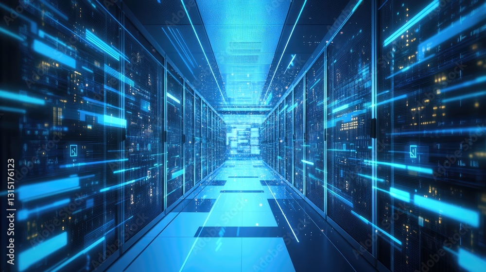 Poster A futuristic data center with glowing blue lights and fast digital connections, representing AI, cloud computing, and cybersecurity. Ideal for tech and IT concepts