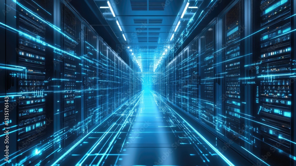 Poster A futuristic data center with glowing blue lights and fast data transmission, symbolizing AI, cloud computing, and cybersecurity. Ideal for tech and IT concepts
