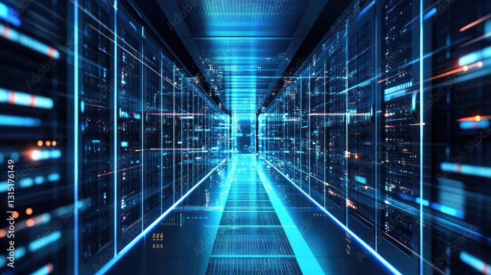 Poster A futuristic data center with glowing blue lights and high-speed digital connections, symbolizing AI, cloud computing, and cybersecurity. Ideal for tech and IT concepts