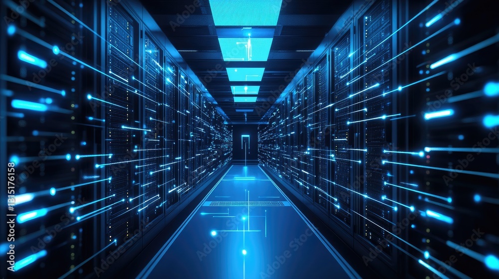 Aufkleber A futuristic data center with glowing blue lights and fast data connections, symbolizing AI, cloud computing, and cybersecurity. Ideal for tech and IT concepts