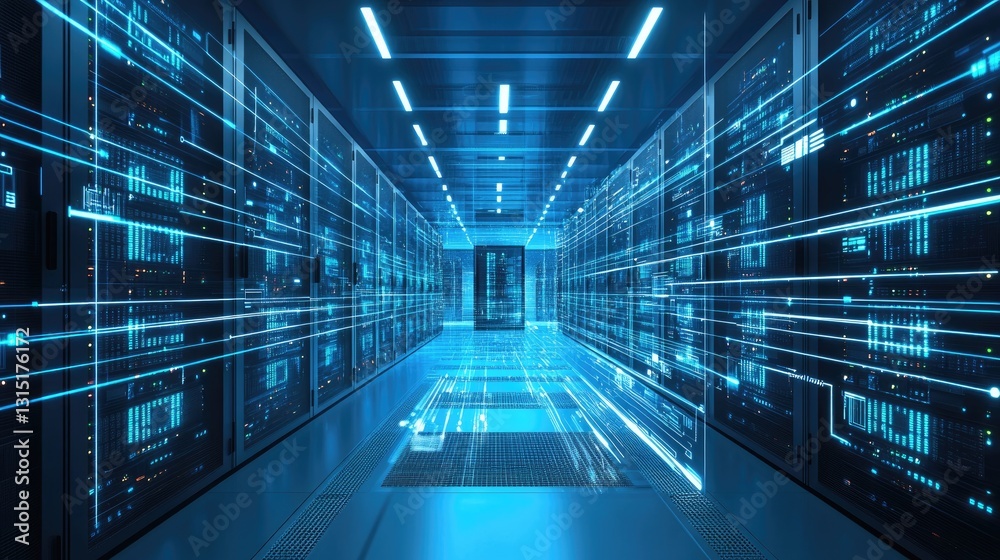 Poster A futuristic data center with glowing blue lights and fast data streams, representing AI, cloud computing, and cybersecurity. Ideal for tech and IT concepts