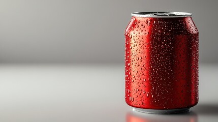 Red soda can with condensation on a light gray background